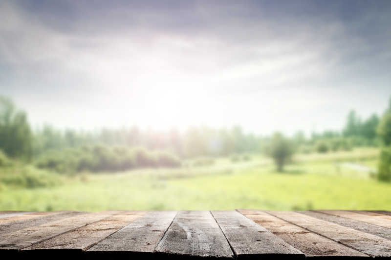 模糊的树林背景前的木桌