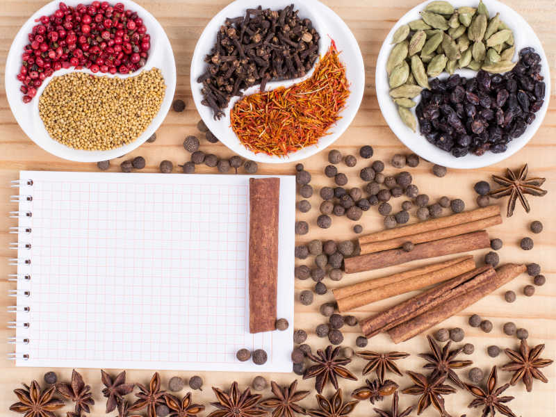 放在木制桌上的天然香料和白纸背景