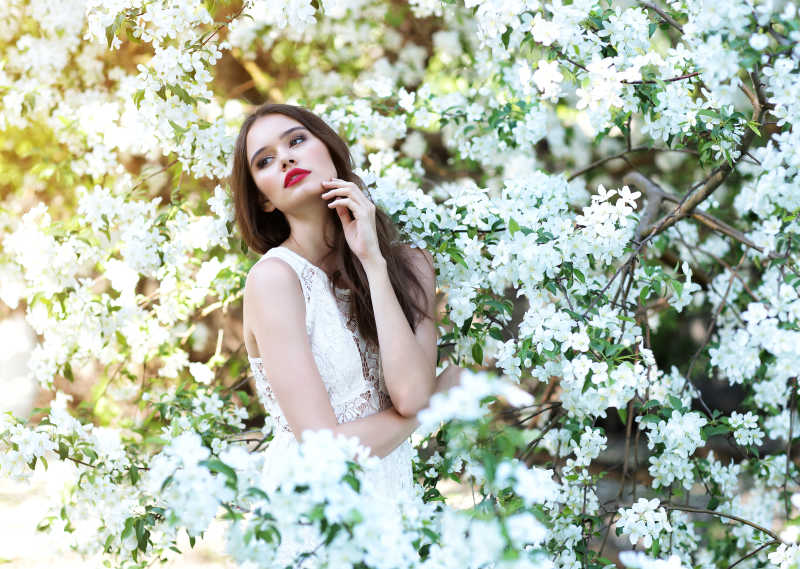 有开花的树陪伴的美女