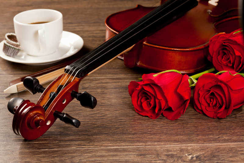 木制背景下的小提琴与红玫瑰
