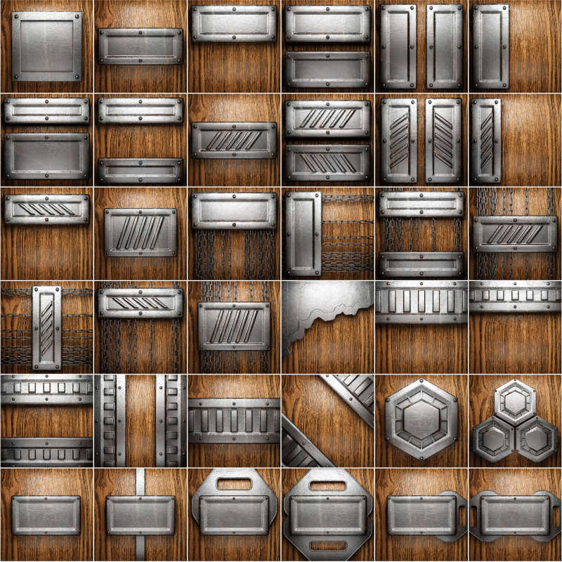 木板上不同金属零件的拼贴背景