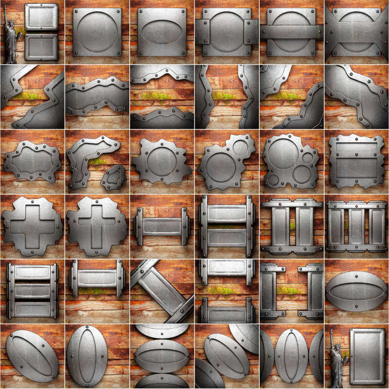 木板上的金属零件拼贴背景