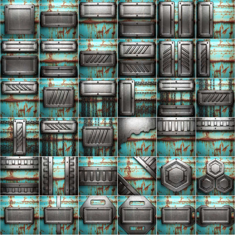 蓝色板上各种金属零件的拼贴背景