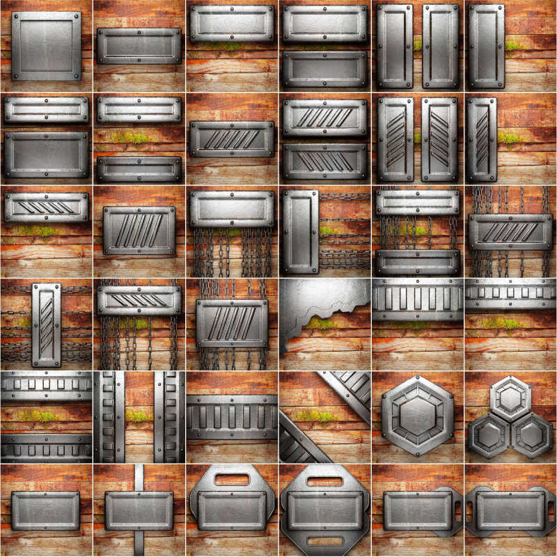 木板上的金属零件的拼贴背景