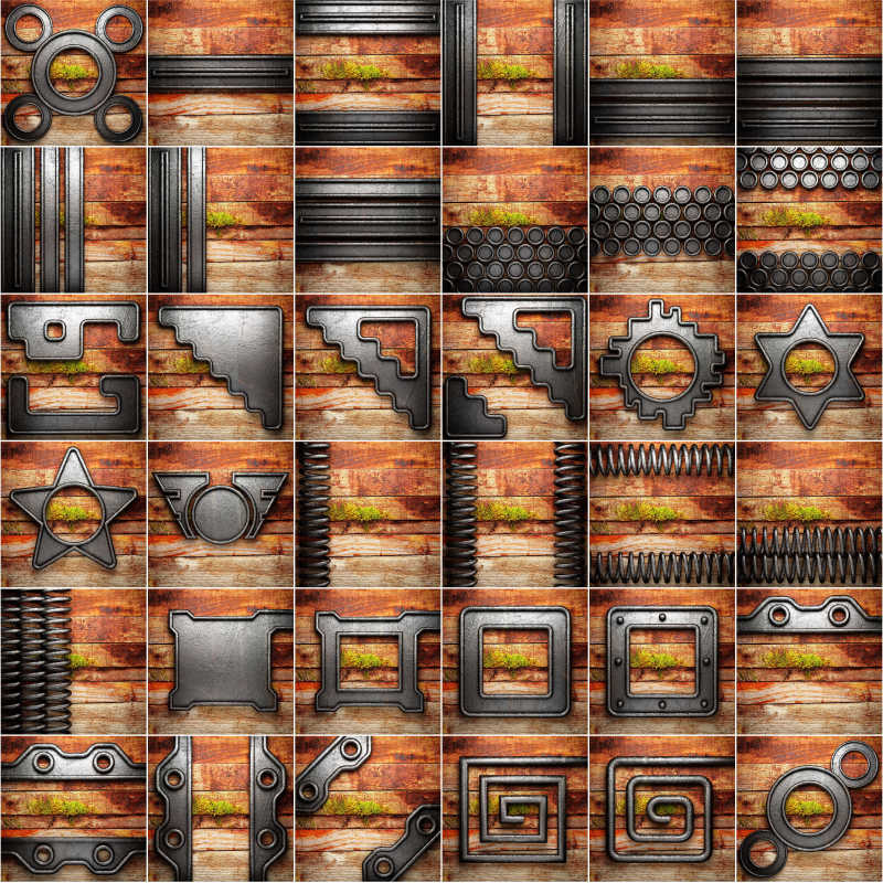 各种金属零件在木板上的拼贴背景