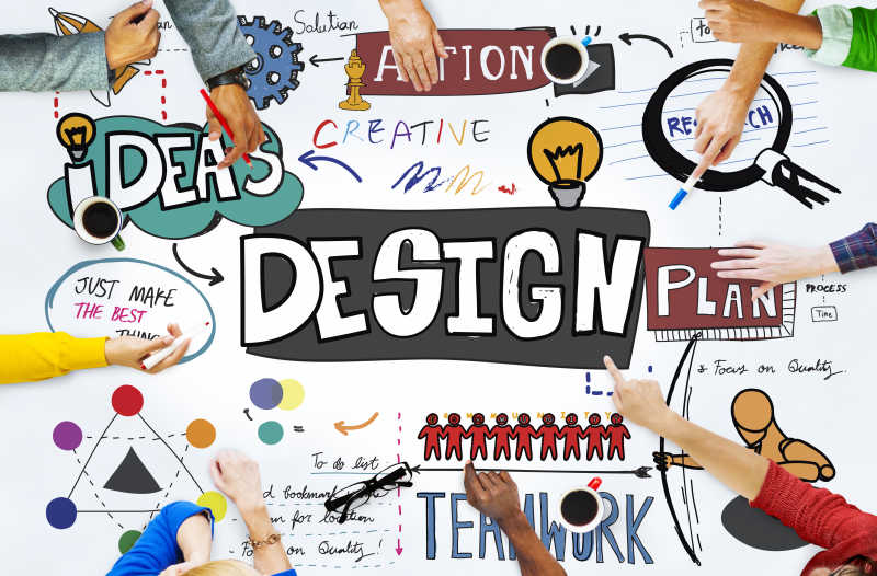 讨论会议的人和画着设计创意灵感的背景