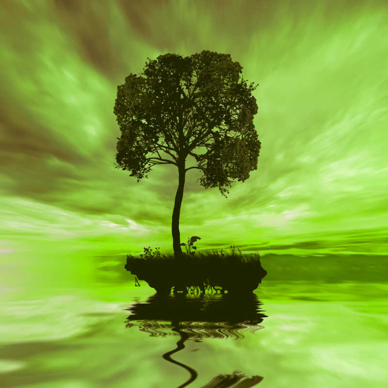 绿色背景的海上的小树剪影