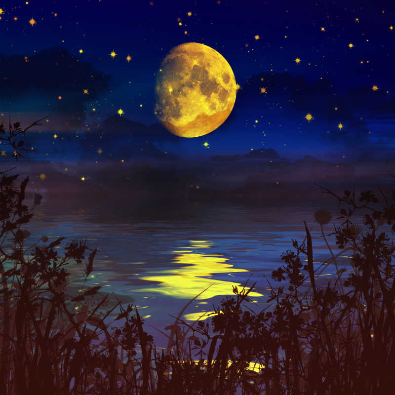 夜晚江中的圆月和星光