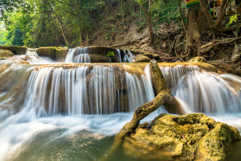 森林中岩石上美丽的流水瀑布