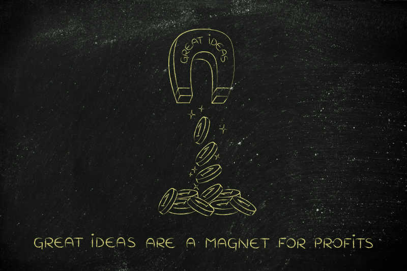 黑色背景下黄色粉笔画出的磁铁吸引利润的概念