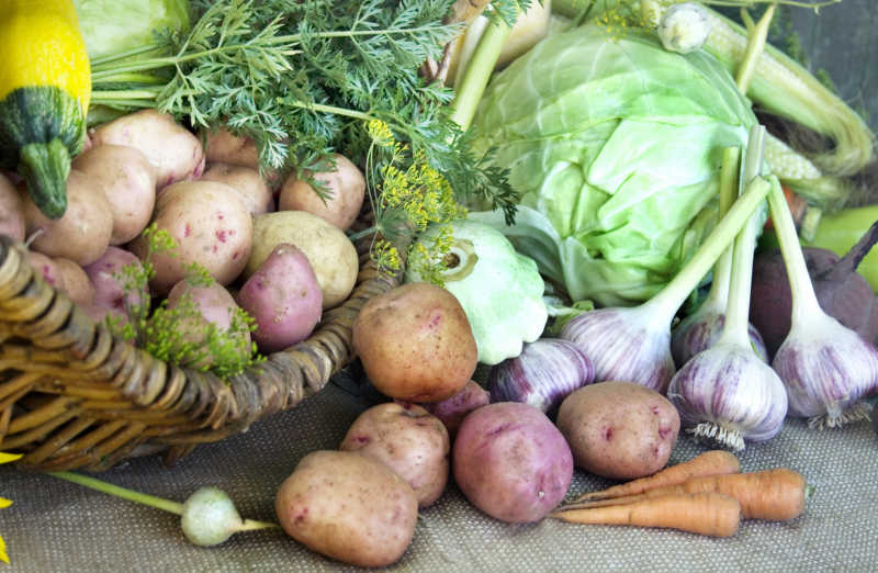 从篮子里倒出大量蔬菜