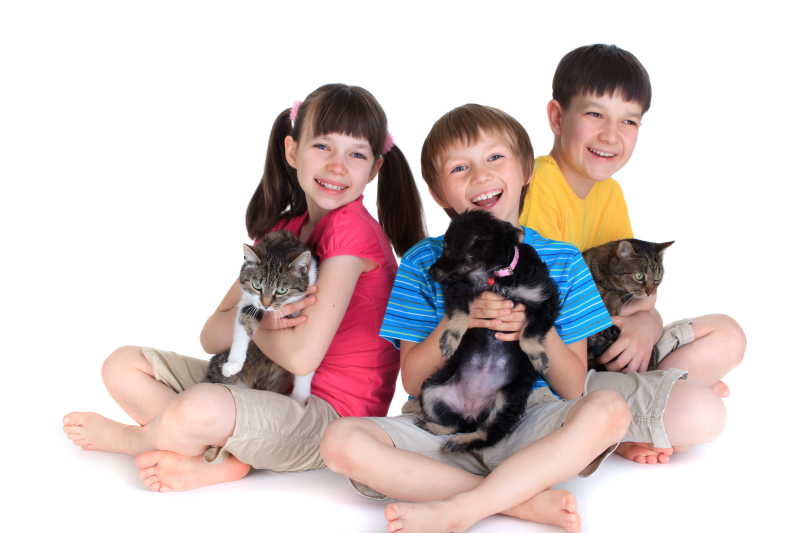 白色背景下抱着宠物猫狗的三个小孩