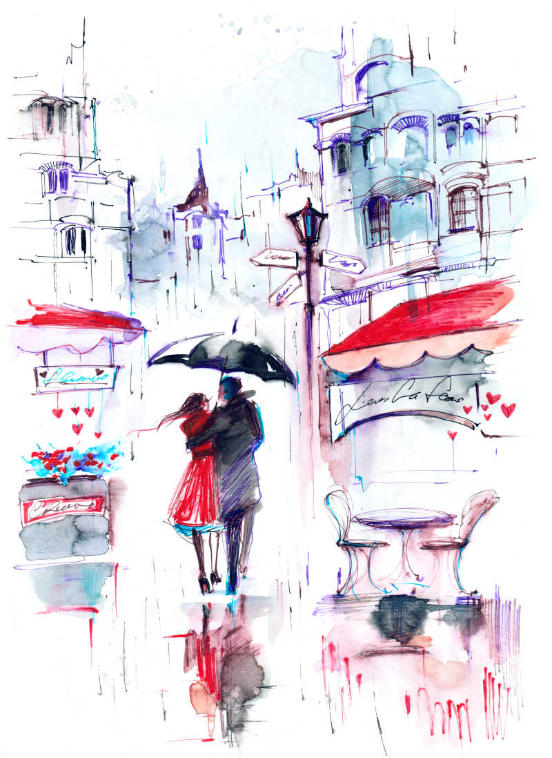 街道上漫步的情侣彩绘