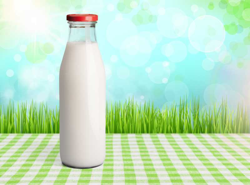 蓝色条纹桌布上的牛奶