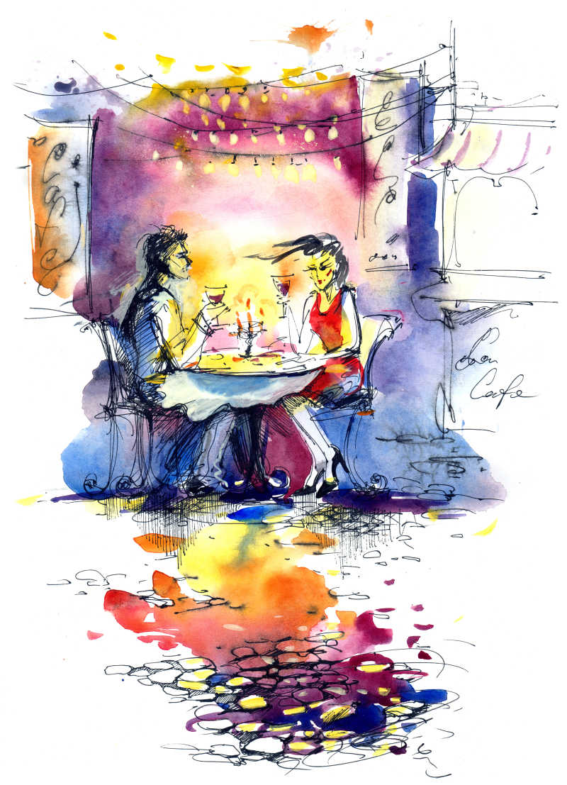 带蜡烛的城市餐厅浪漫晚餐插画