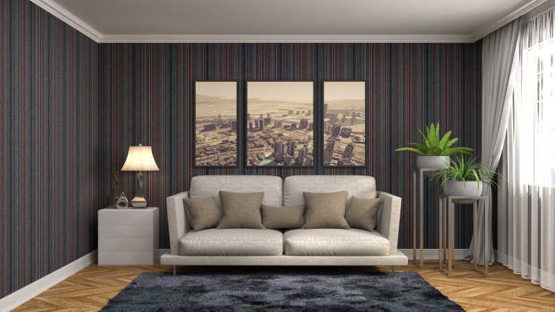 条纹壁纸的起居室渲染