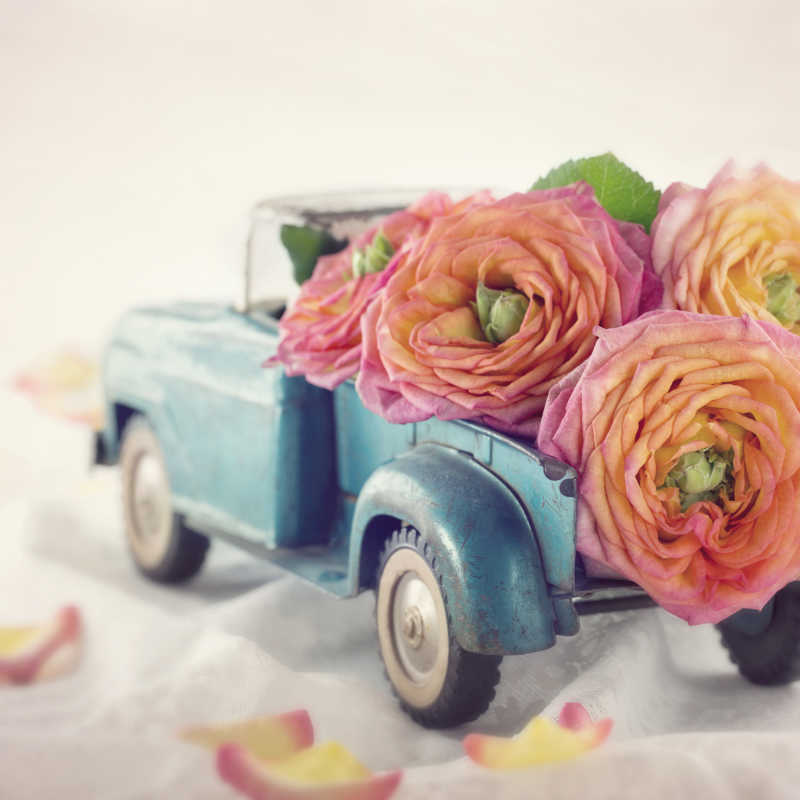 带玫瑰的古董玩具车