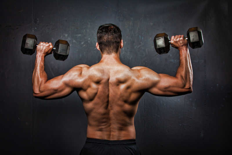 背对着举哑铃的肌肉男