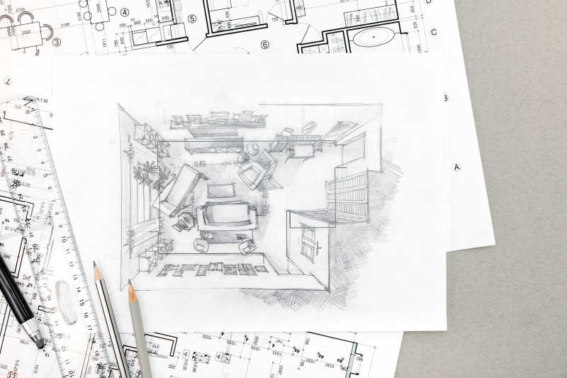 家居室内手绘草图和铅笔