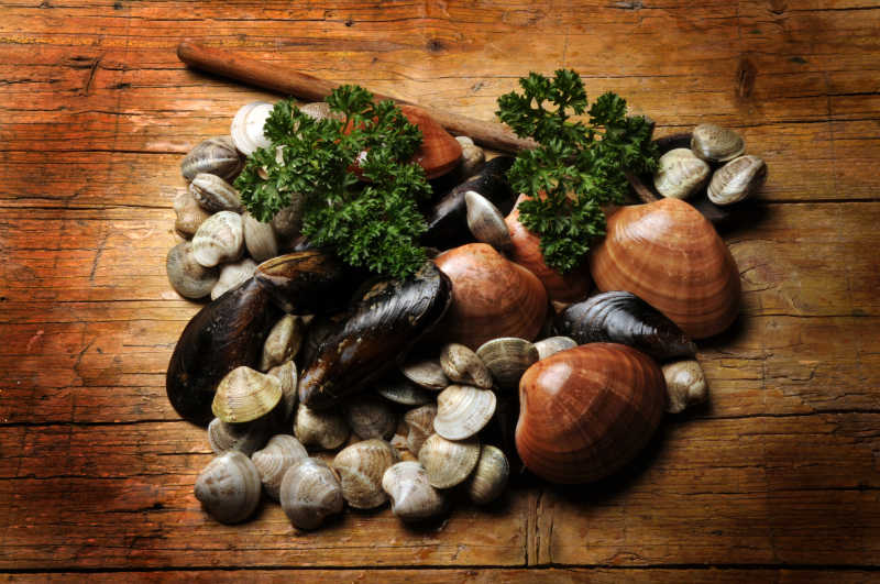 砧板上的海鲜贝类