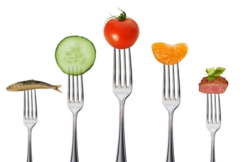 健康的全麦食品与肉类和鱼类