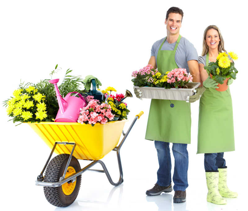 照顾盆栽的园丁夫妇