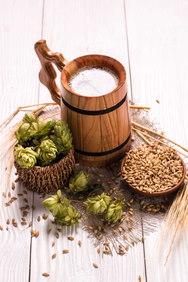 木桌上自制啤酒和大麦