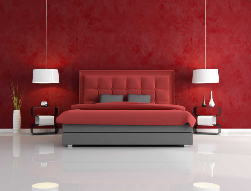 红色的床和两个白色的吊灯