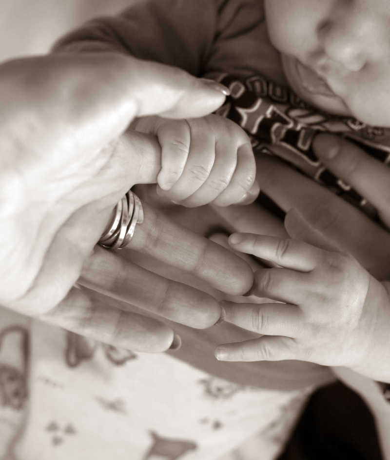 可爱的婴儿的手抓着父母的手