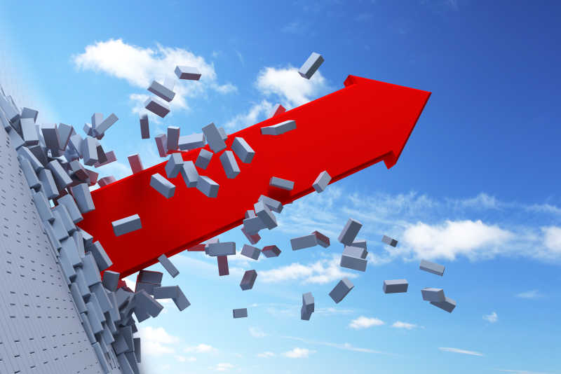 射穿砖墙的红色3D箭头