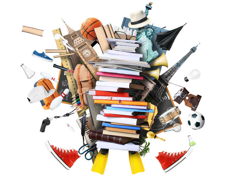 不同的书籍和球类