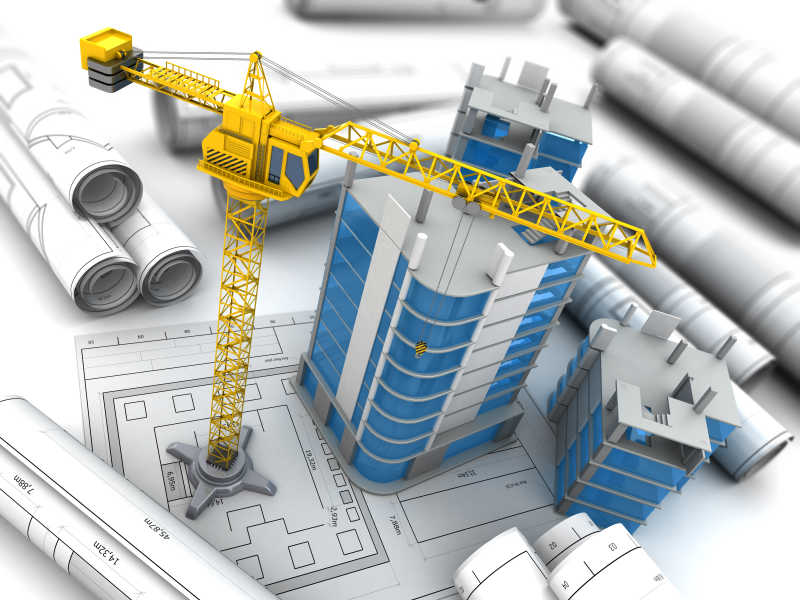 蓝图上施工的大楼三维模型