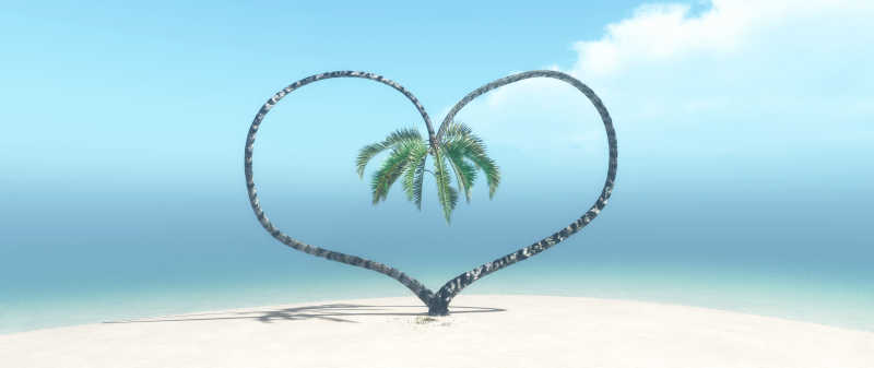 海滩上的树形成的心形