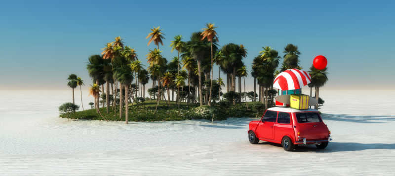 停驻在海滩上的红色小轿车