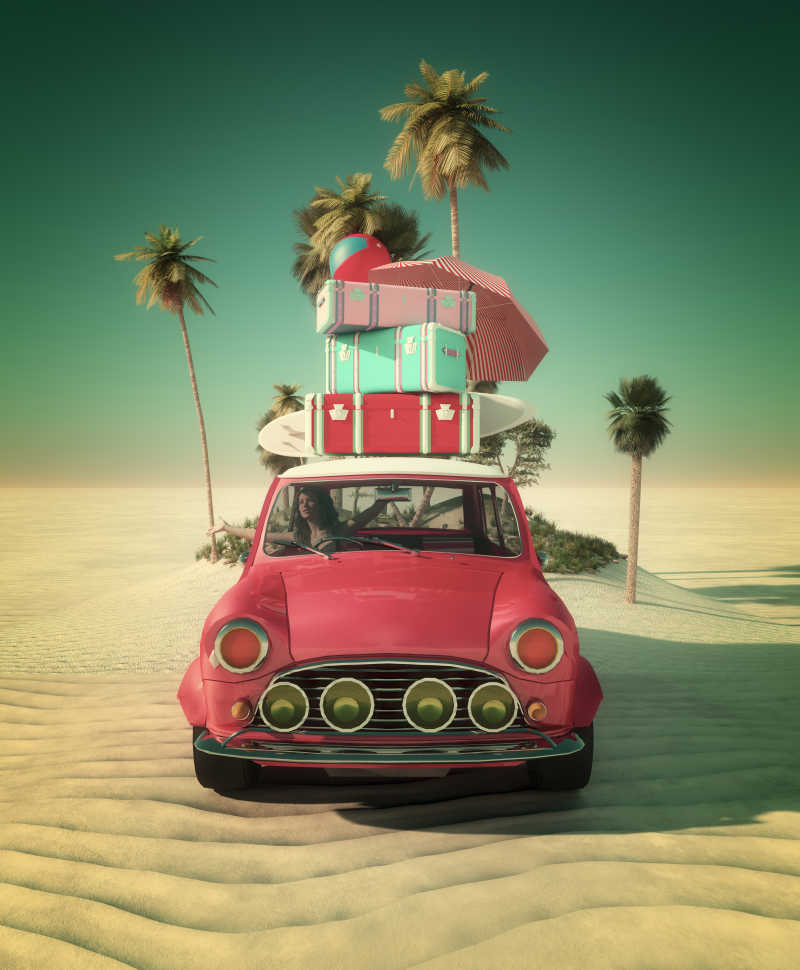 沙滩上堆满行李的红色小轿车