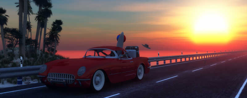 落日沿海公路上的红色小轿车