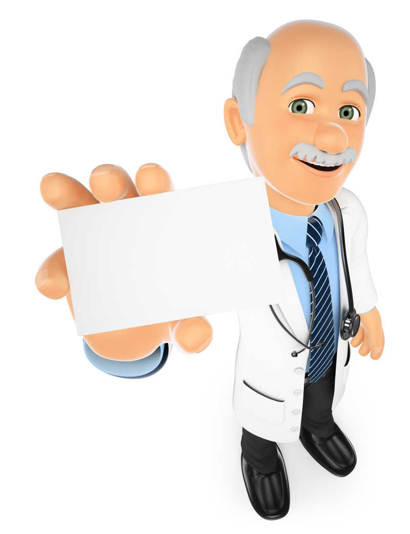 白色背景下出示空白卡片的3D医疗人员