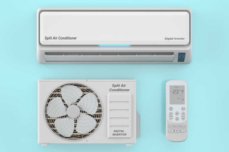 蓝色背景下的空调和遥控器