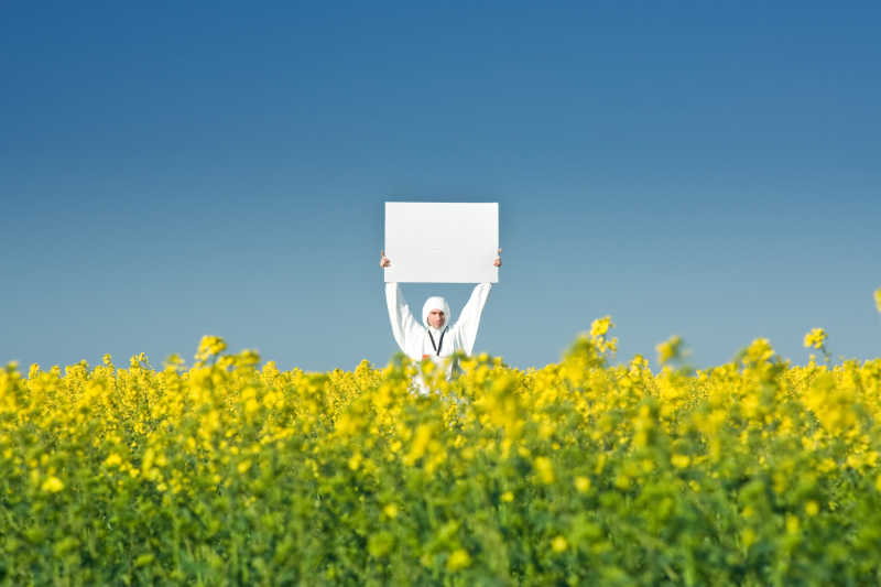 油菜地里举着广告牌的人
