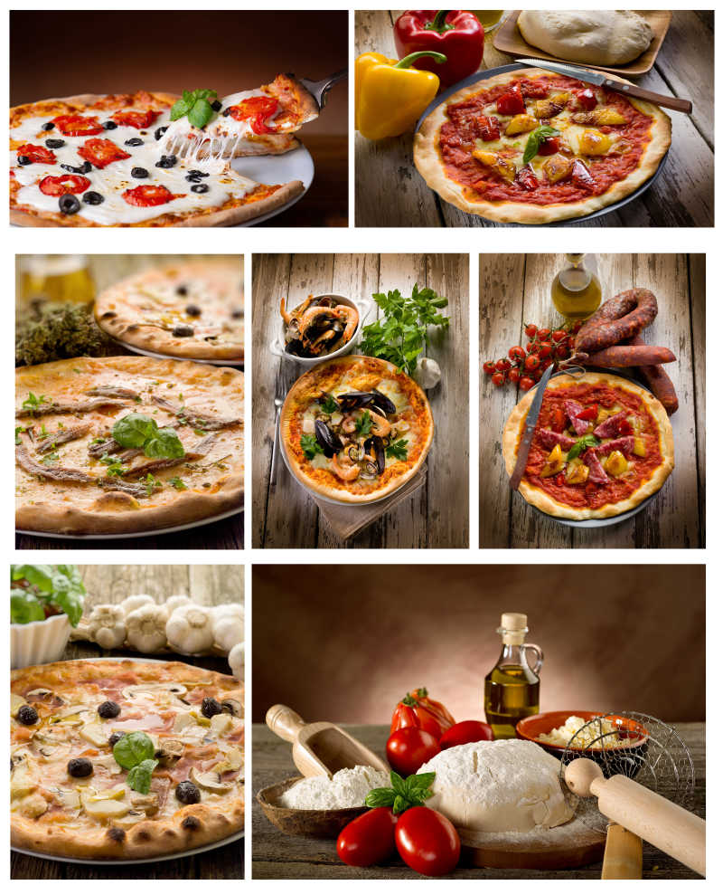 木制背景下美味的披萨饼拼贴