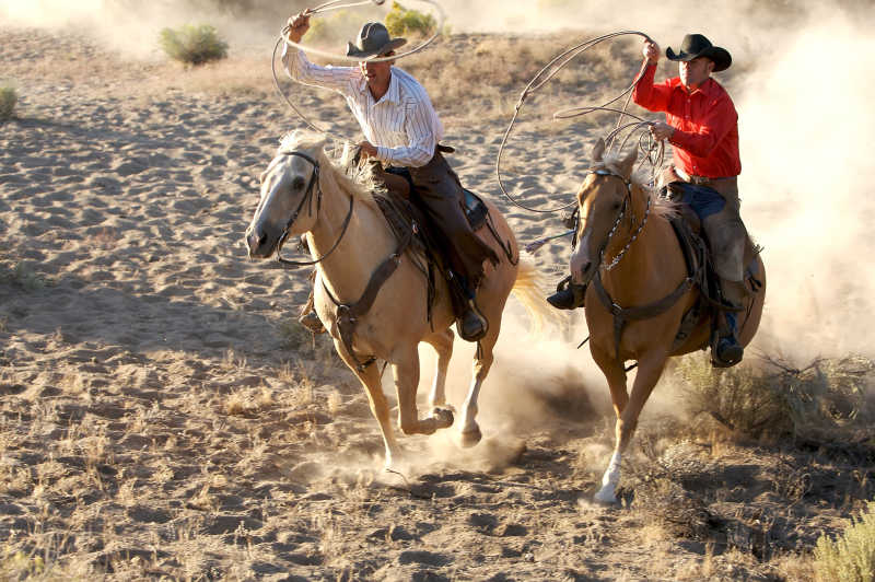 两个牛仔在沙漠中奔跑
