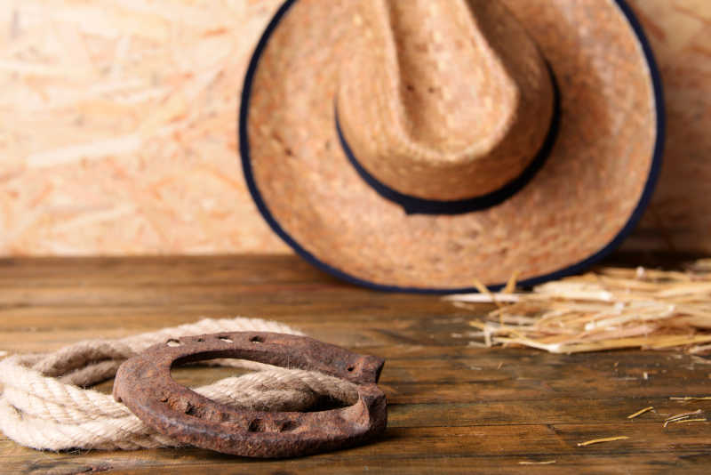 木板上的牛仔帽和马蹄铁套绳