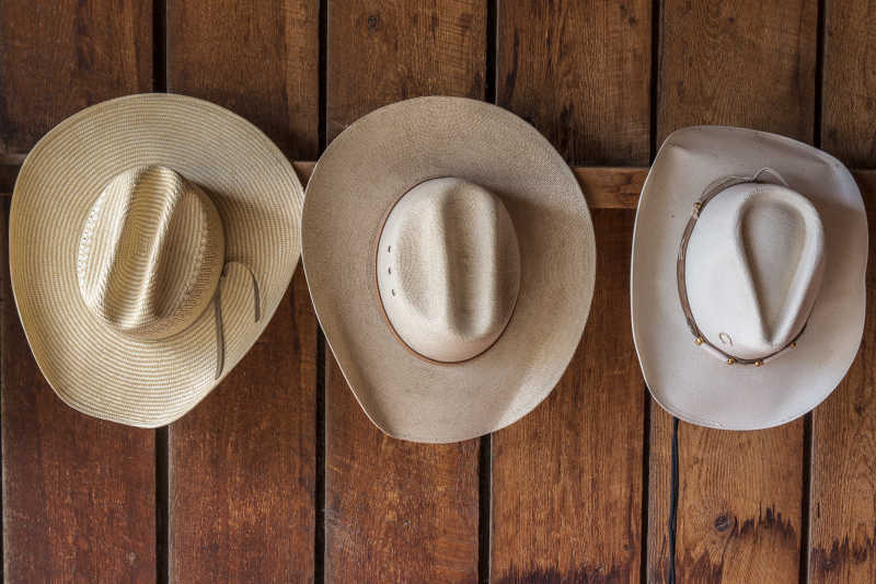 牛棚墙上挂着的三个牛仔帽