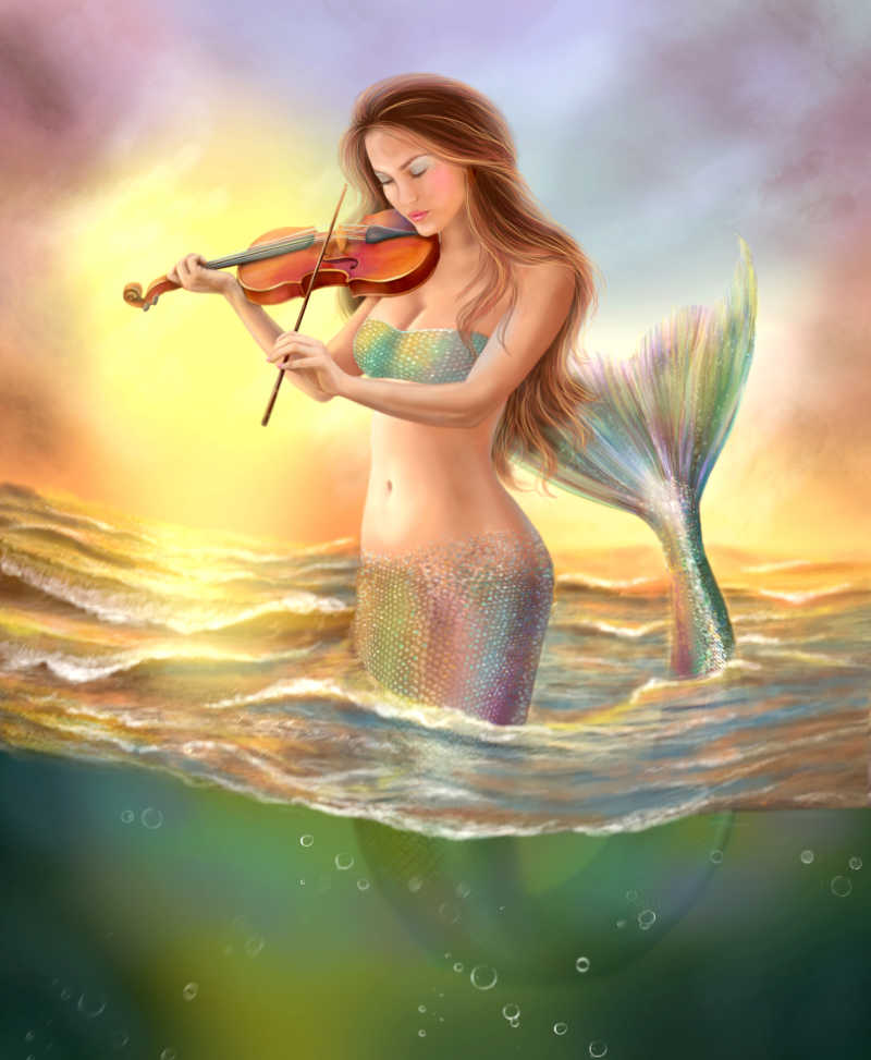 在河水中演奏小提琴的美人鱼