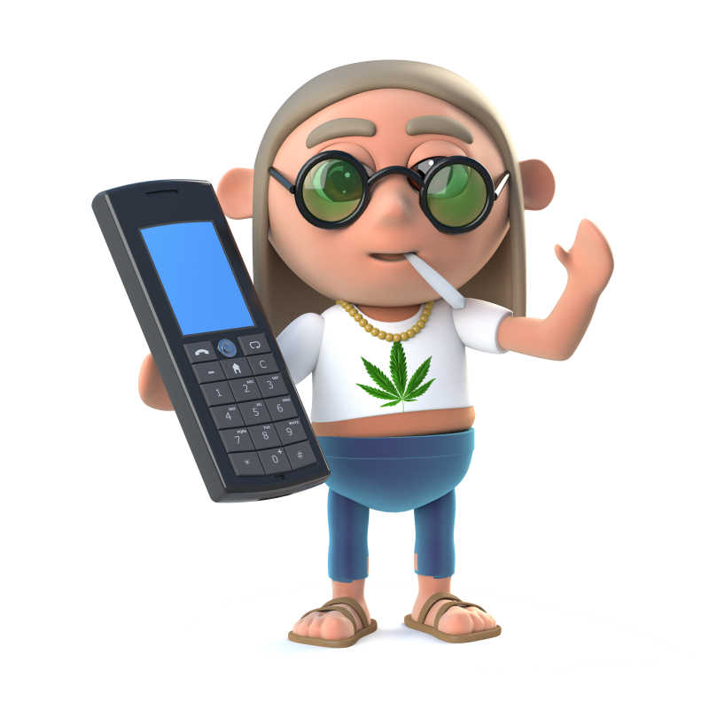 白色背景上拿着手机的3D嬉皮士