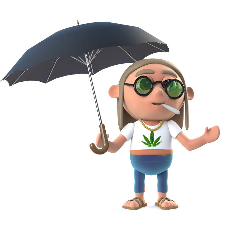 白色背景上拿着雨伞的3D嬉皮士