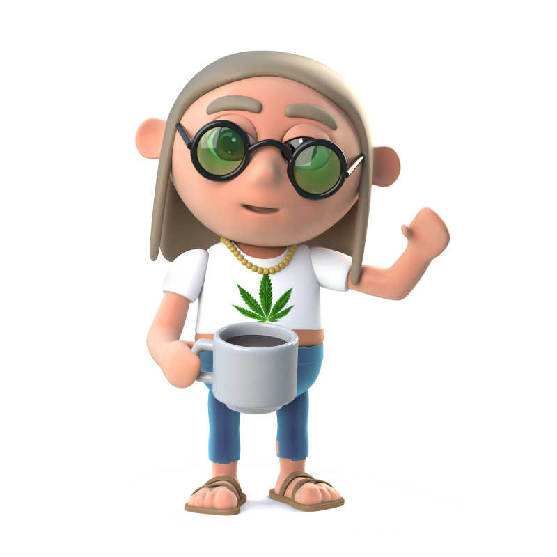 白色背景上一个3D嬉皮士拿着一杯咖啡