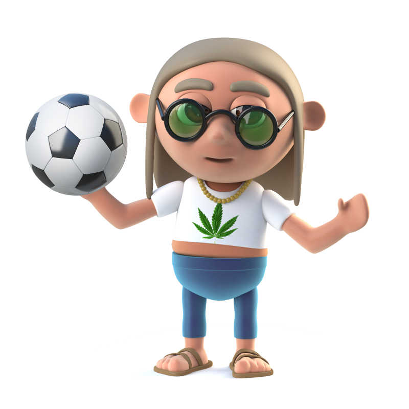白色背景上拿着足球的3d嬉皮士