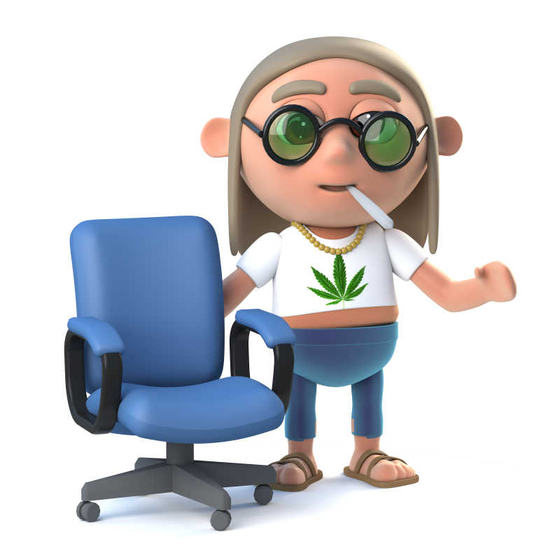 白色背景上的一个3d嬉皮士站在一张空椅子旁边