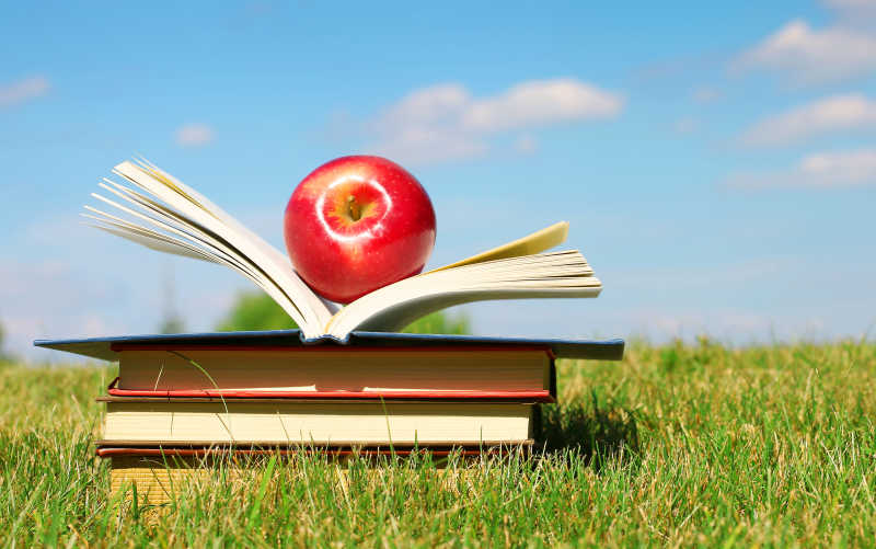草地上的书和一个红苹果